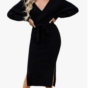 V Neck Long Batwing Sleeve Wrap Midi Knit Sweater Dress